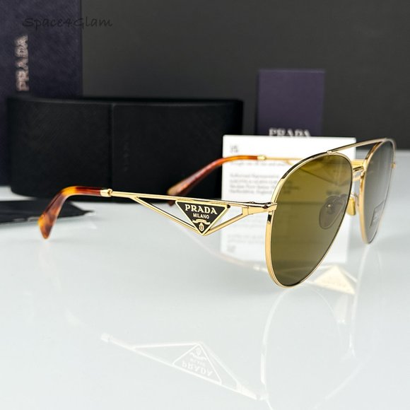 Prada PR73ZS 5AK01T Sunglasses Shiny Gold Dark Brown Pilot Unisex PR 73ZS - Picture 5 of 9
